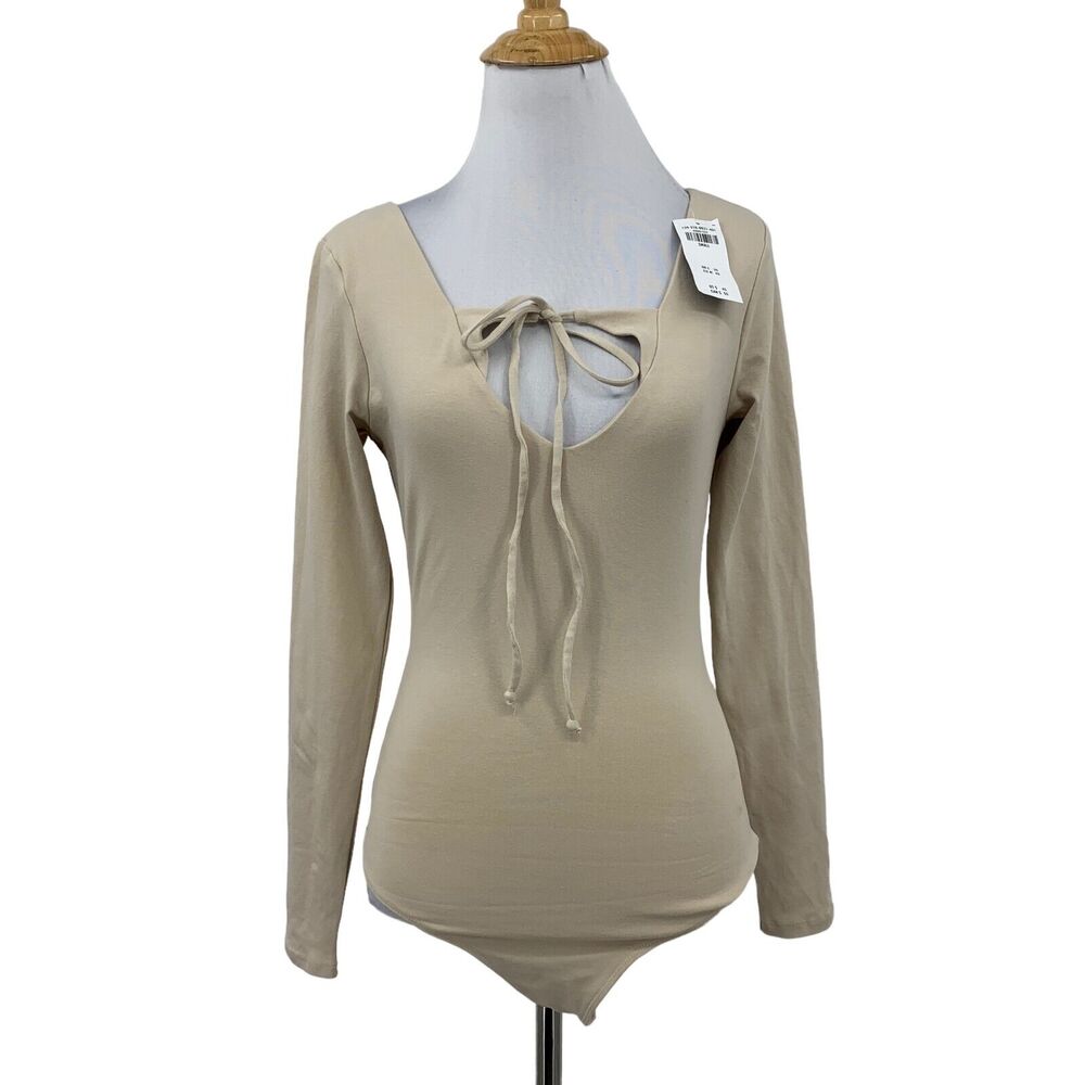 Abercrombie & Fitch Bodysuit Womens S Small Beige Keyhole Bow Front Long Sleeve